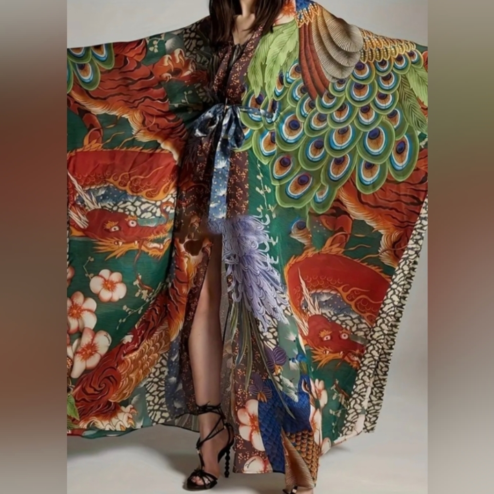 1 DAY SALE! Luxurious Boho Jade Green Silky Soft Flowy Dragon Peacock Cover-Up